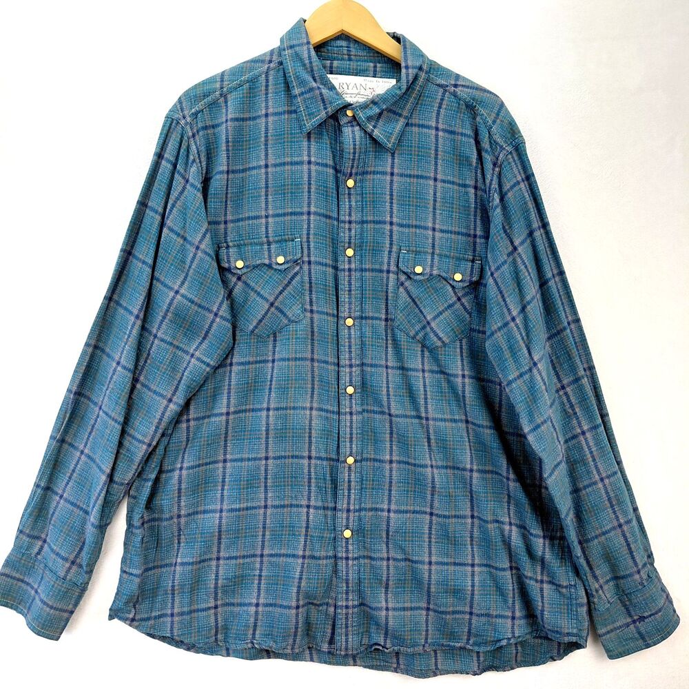 Ryan Michael Pearl Snap Shirt Mens XXL Blue Plaid Western Sawtooth Pocket Yoke